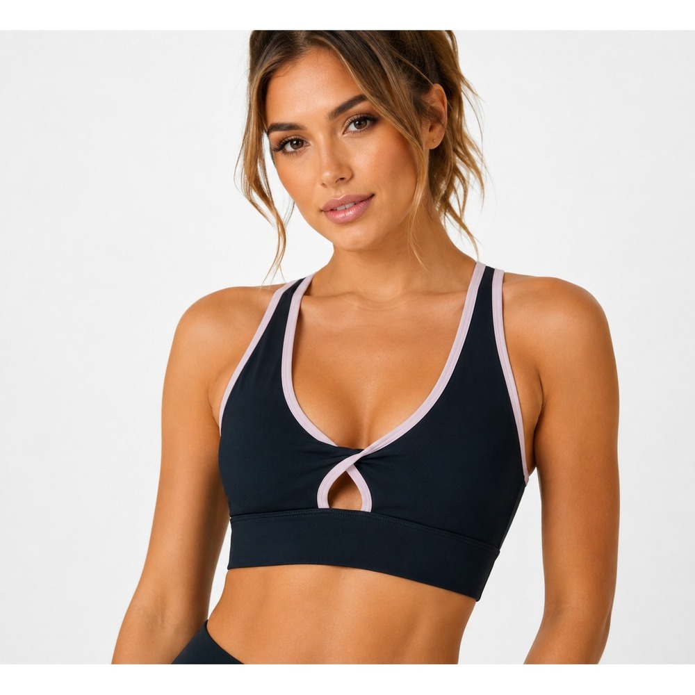 Fabletics Oasis Twist-Front Sports Bra II Navy Pink Medium Impact NWT Size M - Picture 2 of 7